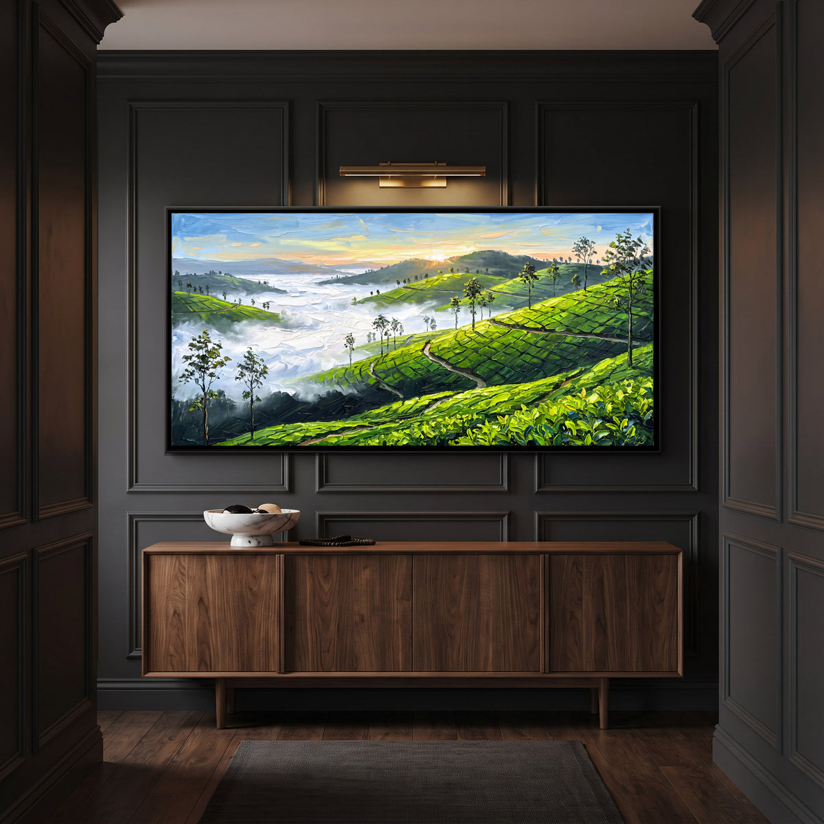 Tea Gardens at Sunrise - canvas art shown in a styled room