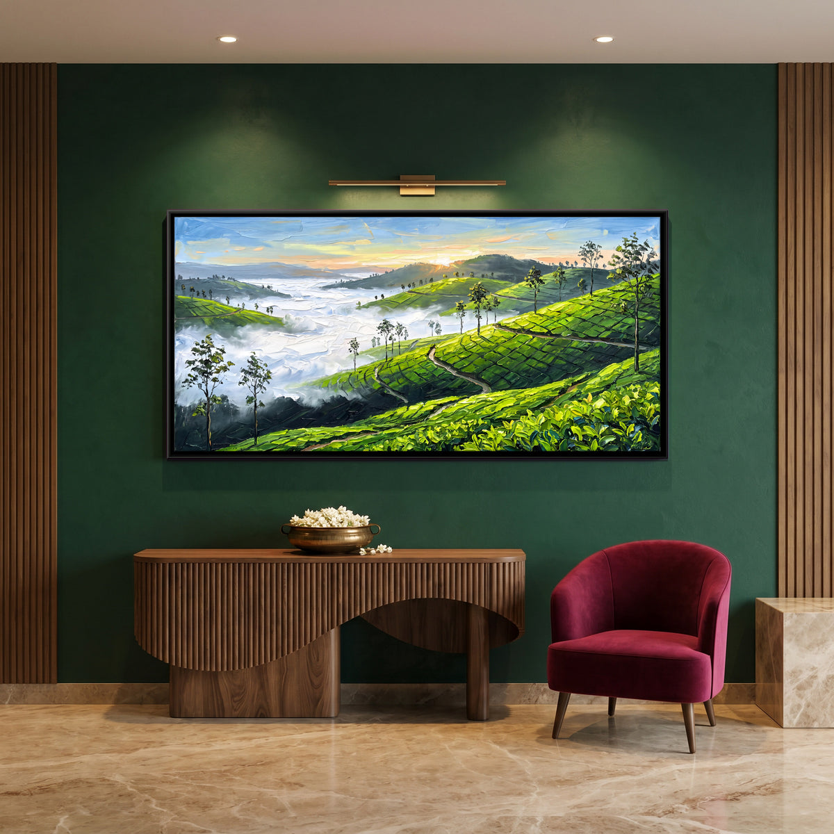 Tea Gardens at Sunrise - canvas art shown in a second room setting