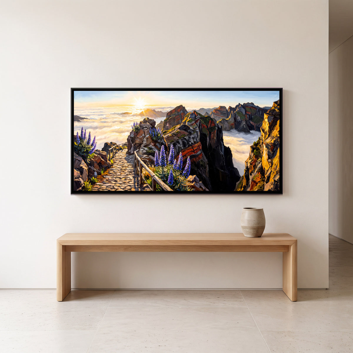 Mountain Path Above the Clouds - canvas art shown in a second room setting