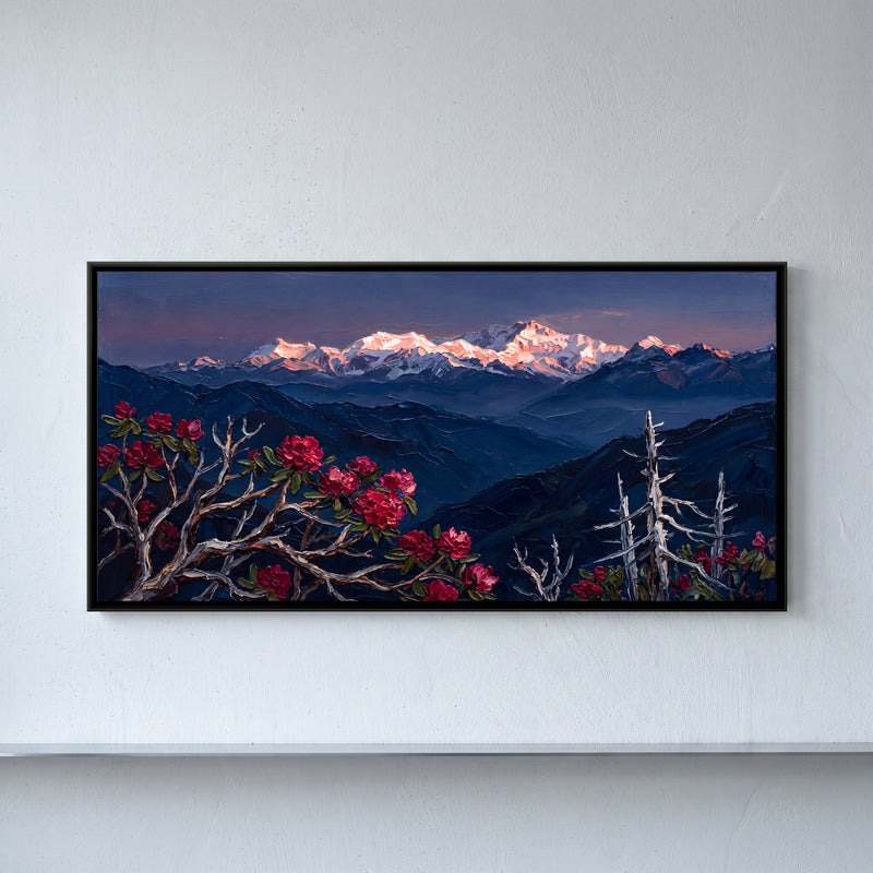 Rhododendrons and Snow Peaks at Dawn - framed canvas art hung on a wall