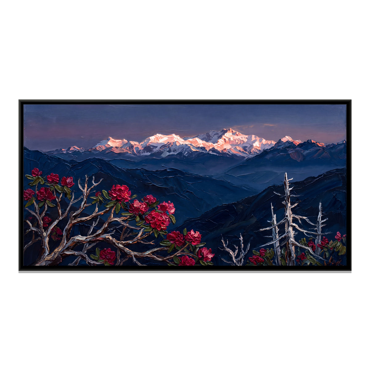 Rhododendrons and Snow Peaks at Dawn - framed canvas print, front view