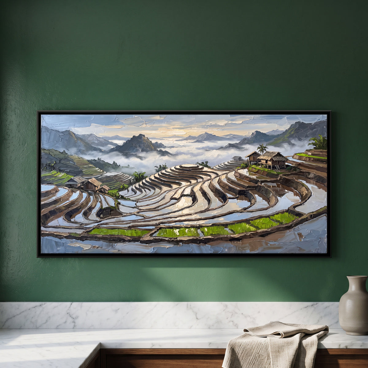 Terraced Rice Fields in the Mist - framed canvas art hung on a wall