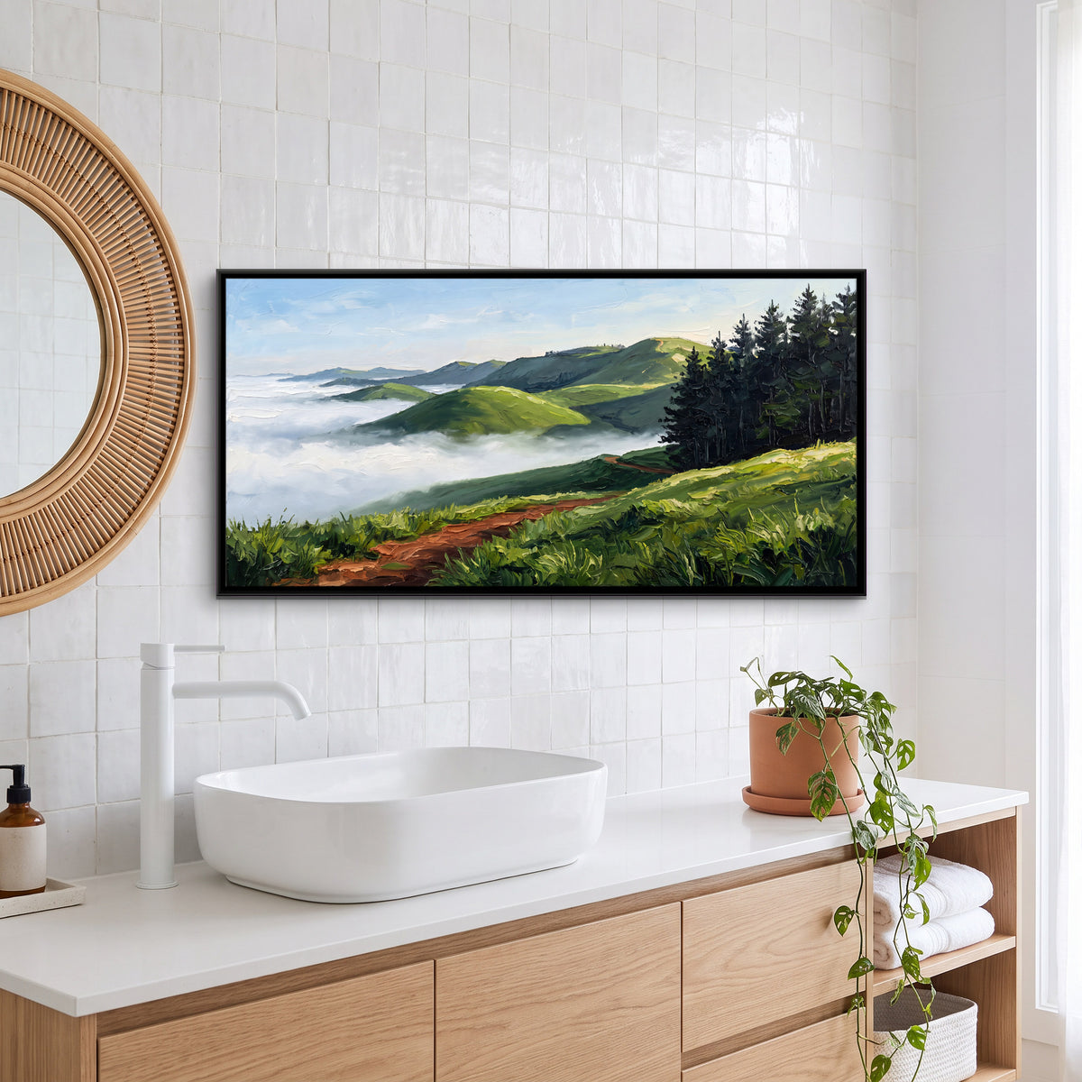 Rolling Green Hills Above the Mist - canvas art shown in a styled room