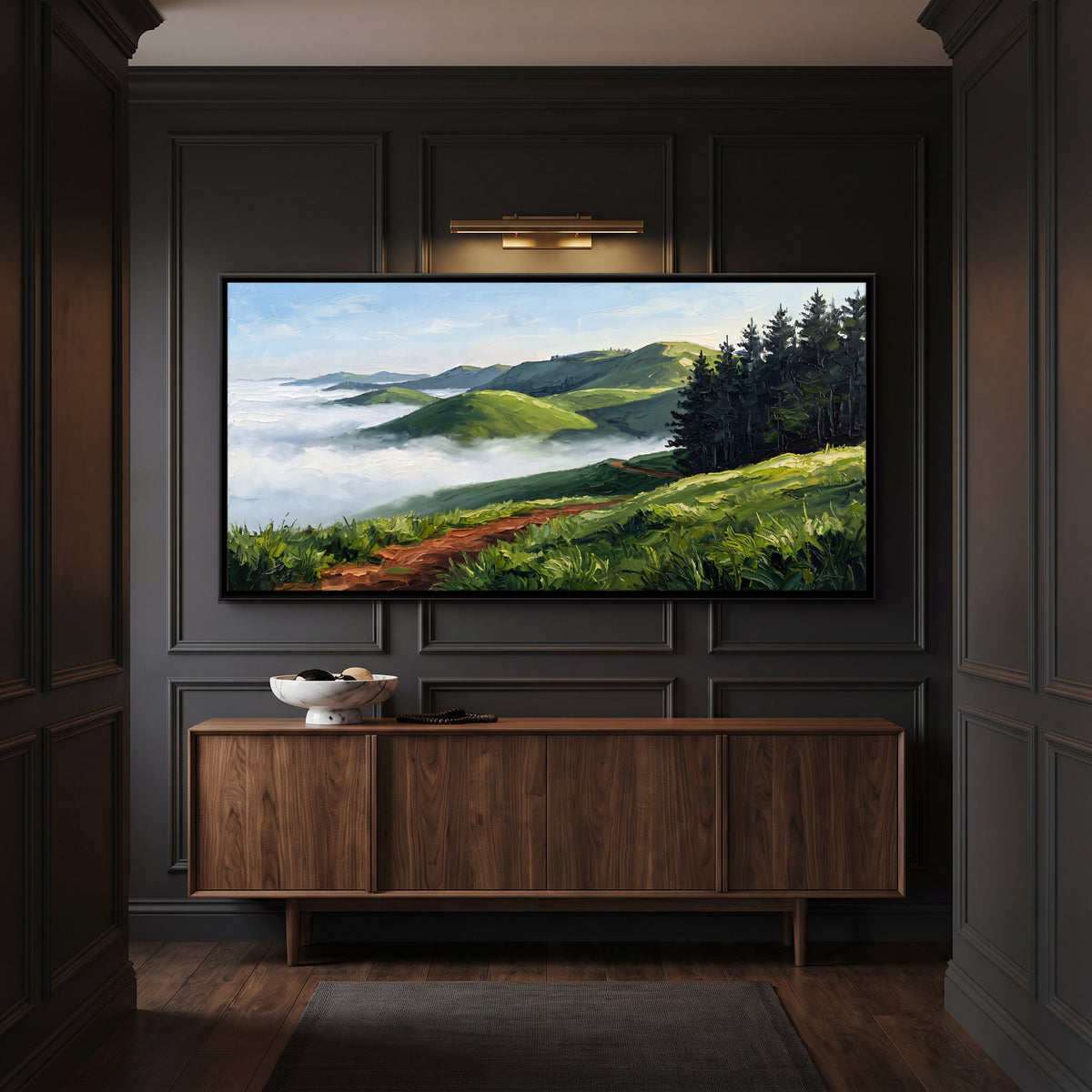 Rolling Green Hills Above the Mist - canvas art shown in a second room setting