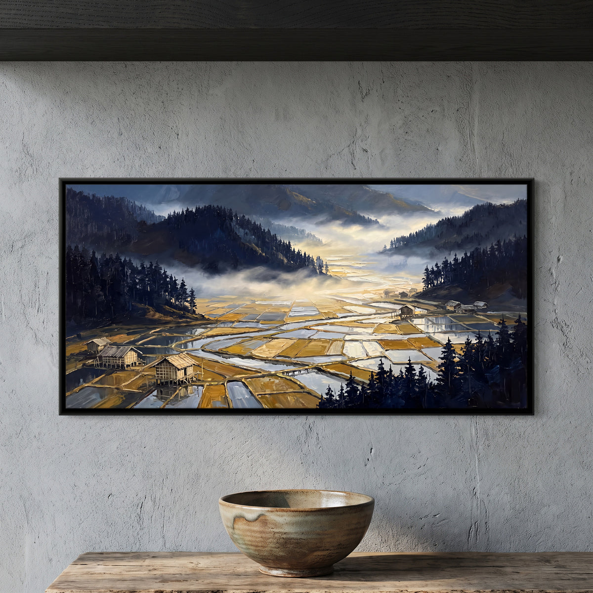 Paddy Fields in a Misty Valley - framed canvas art hung on a wall