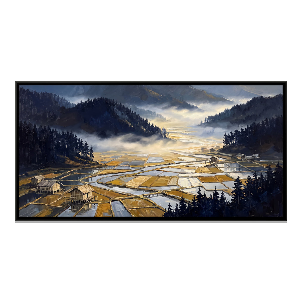 Paddy Fields in a Misty Valley - framed canvas print, front view