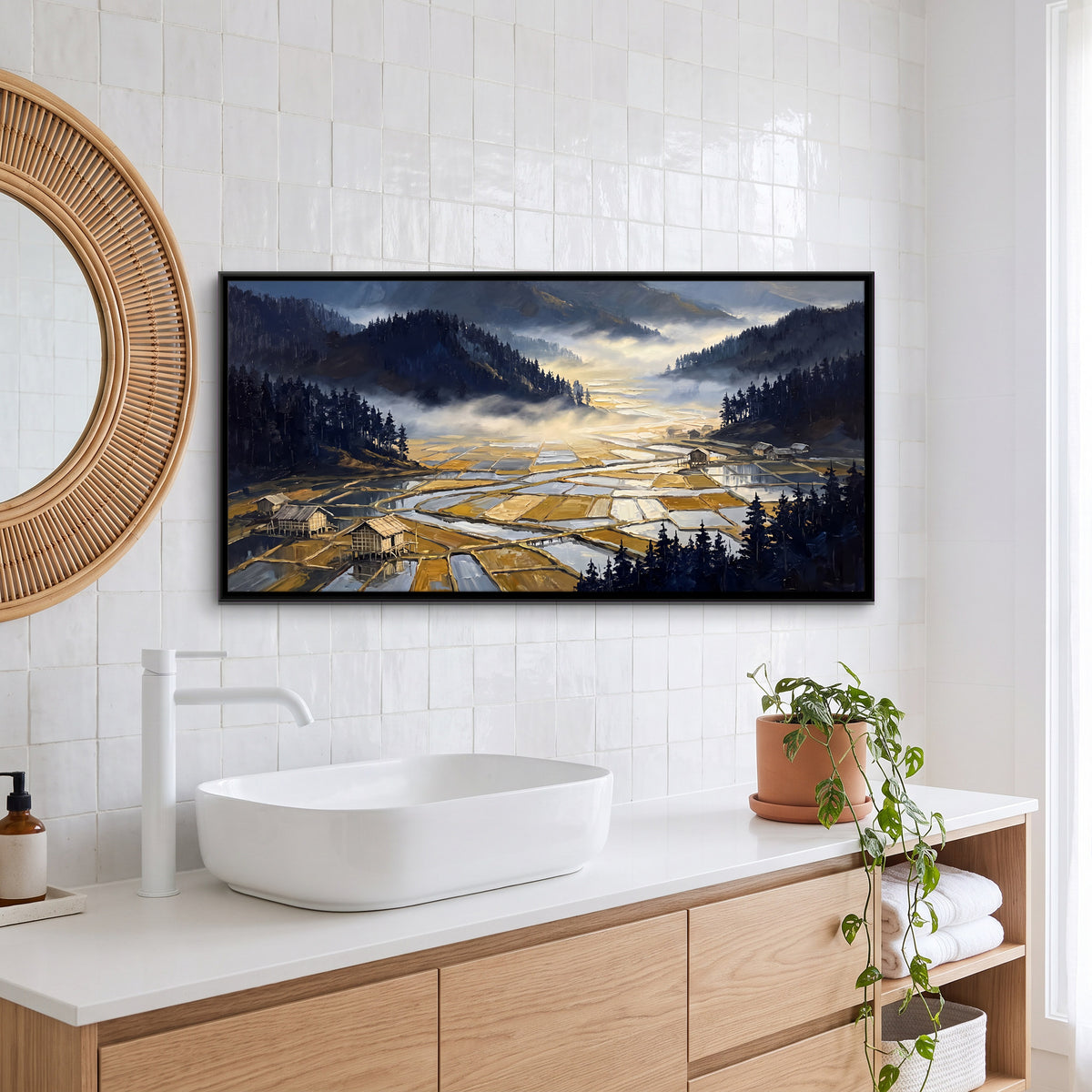 Paddy Fields in a Misty Valley - canvas art shown in a styled room