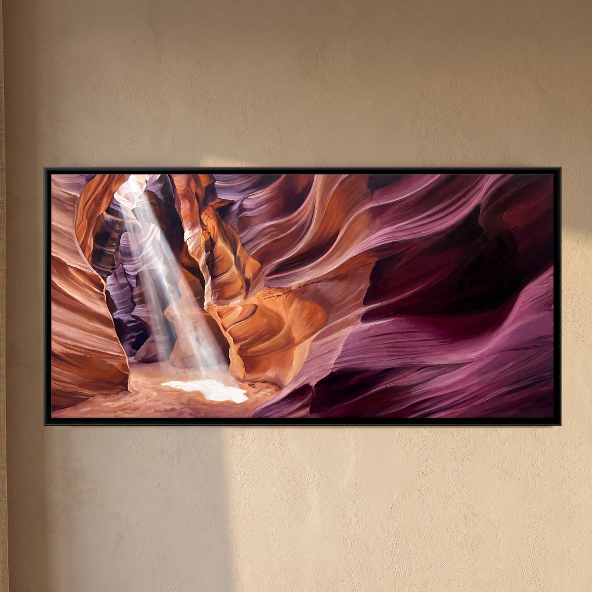 Antelope Canyon Light Beam - framed canvas art hung on a wall