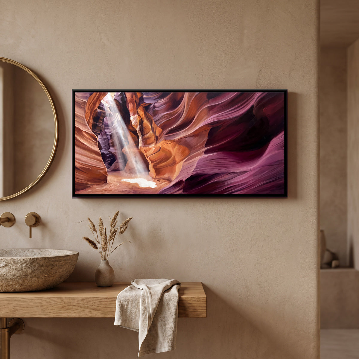 Antelope Canyon Light Beam - canvas art shown in a styled room