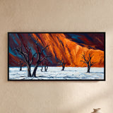 Dead Trees on White Clay Pan Below Orange Dune