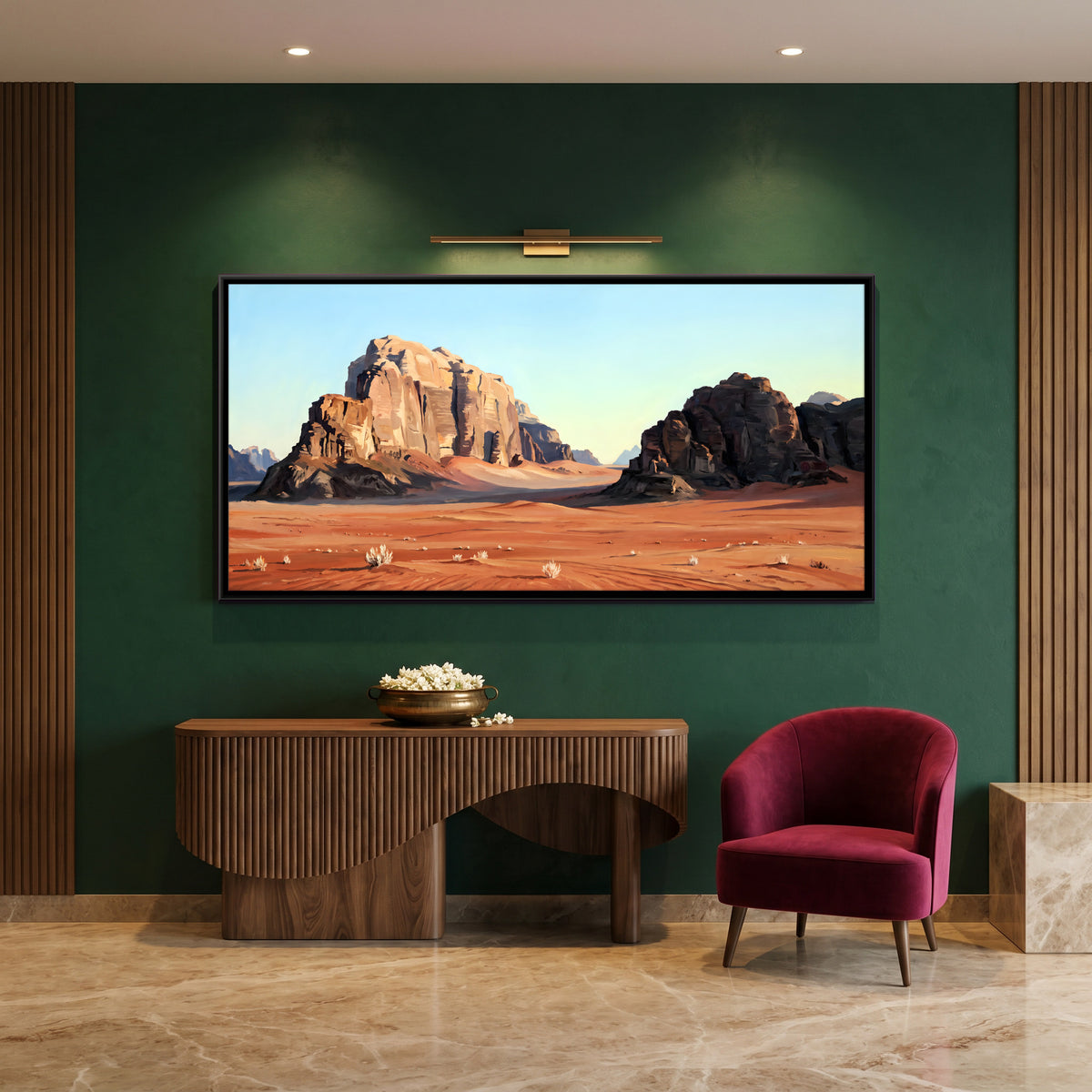 Wadi Rum Desert Cliffs - canvas art shown in a styled room