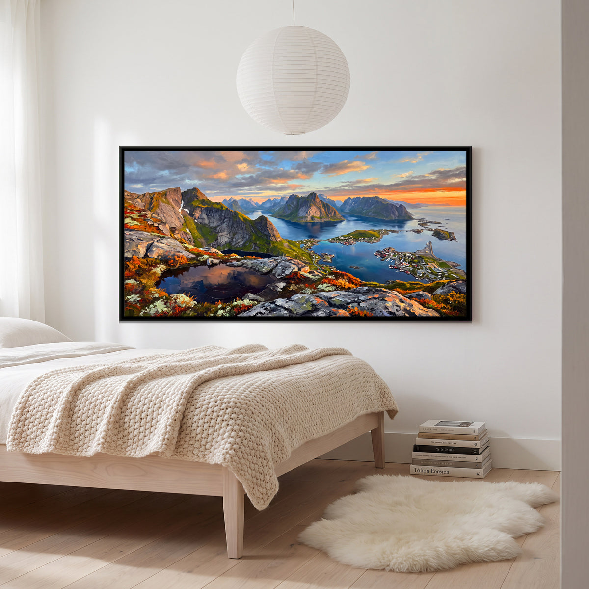 Fjord Village at Sunset - canvas art shown in a styled room