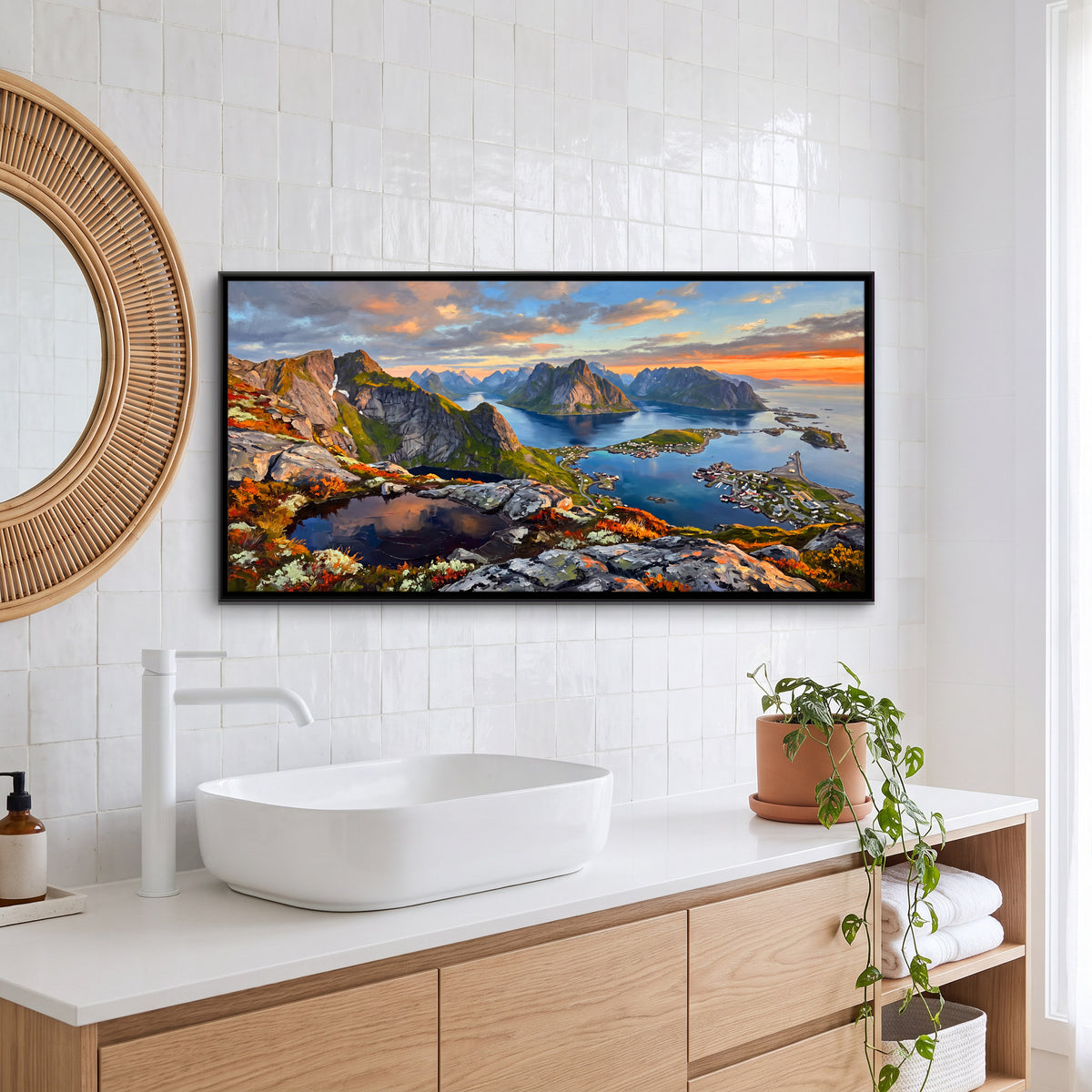 Fjord Village at Sunset - canvas art shown in a second room setting