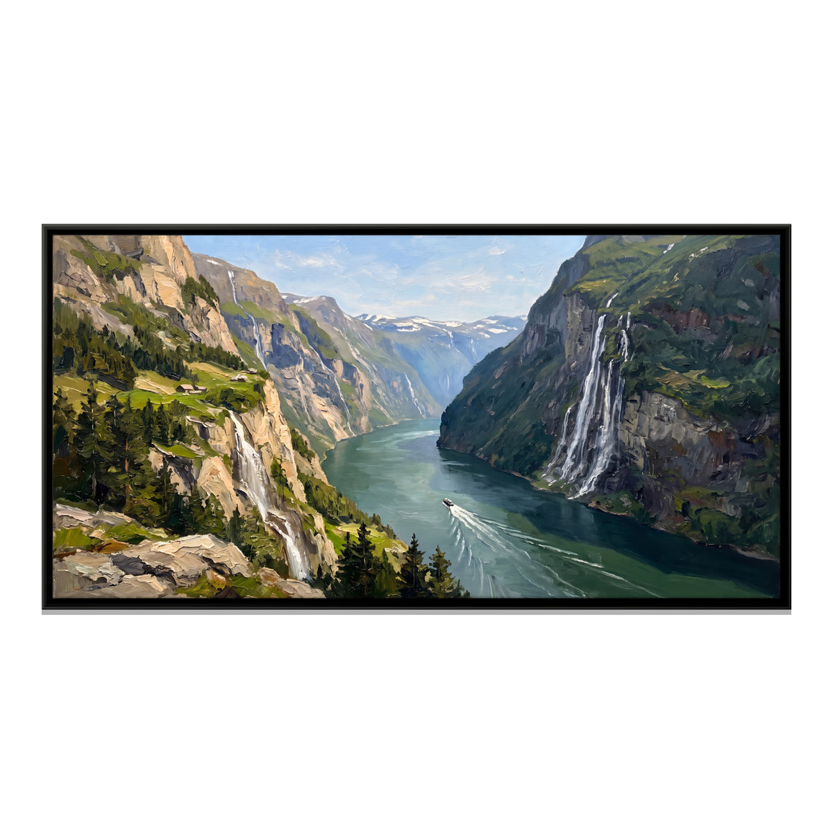 Waterfalls Over the Fjord - framed canvas print, front view