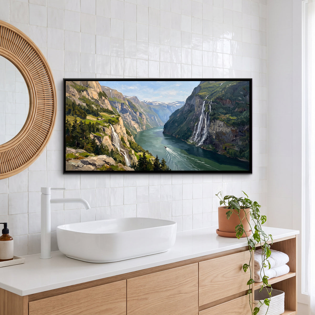 Waterfalls Over the Fjord - canvas art shown in a styled room