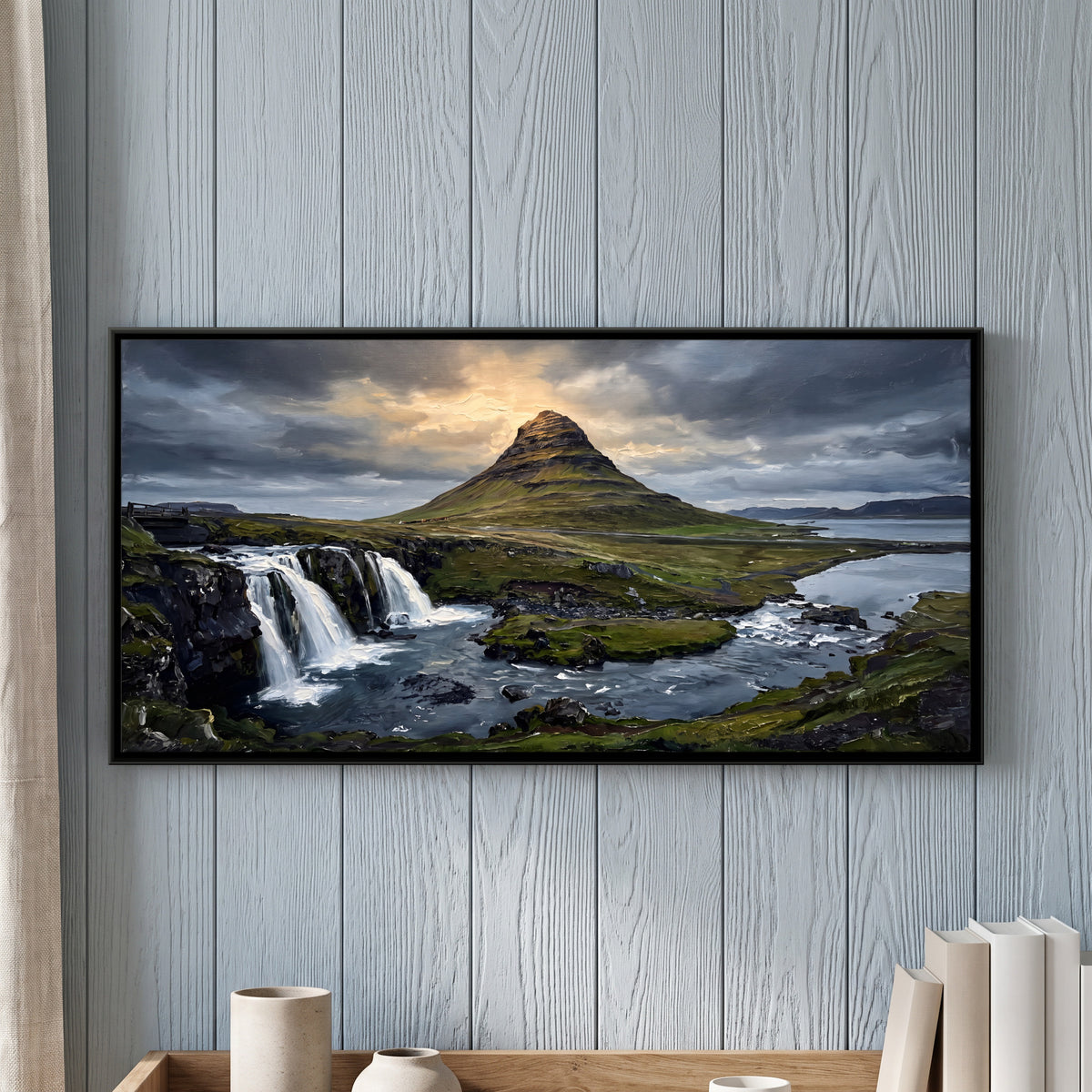 Waterfall Below a Lone Mountain - framed canvas art hung on a wall