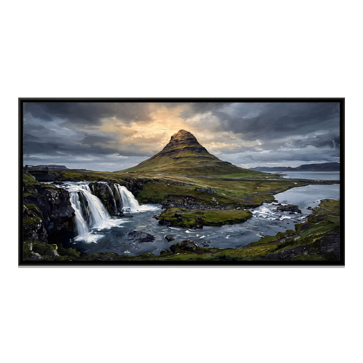 Waterfall Below a Lone Mountain - framed canvas print, front view