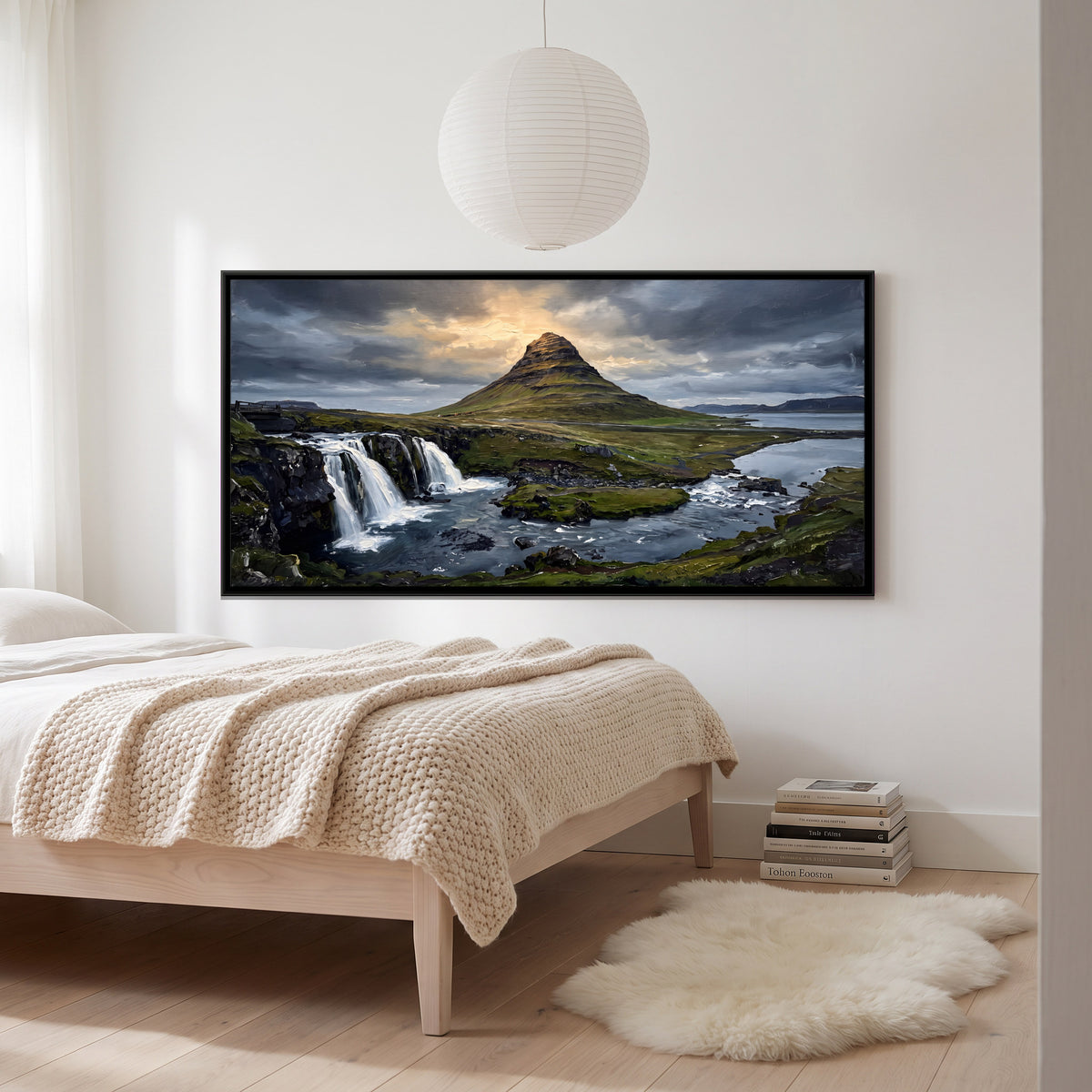 Waterfall Below a Lone Mountain - canvas art shown in a second room setting