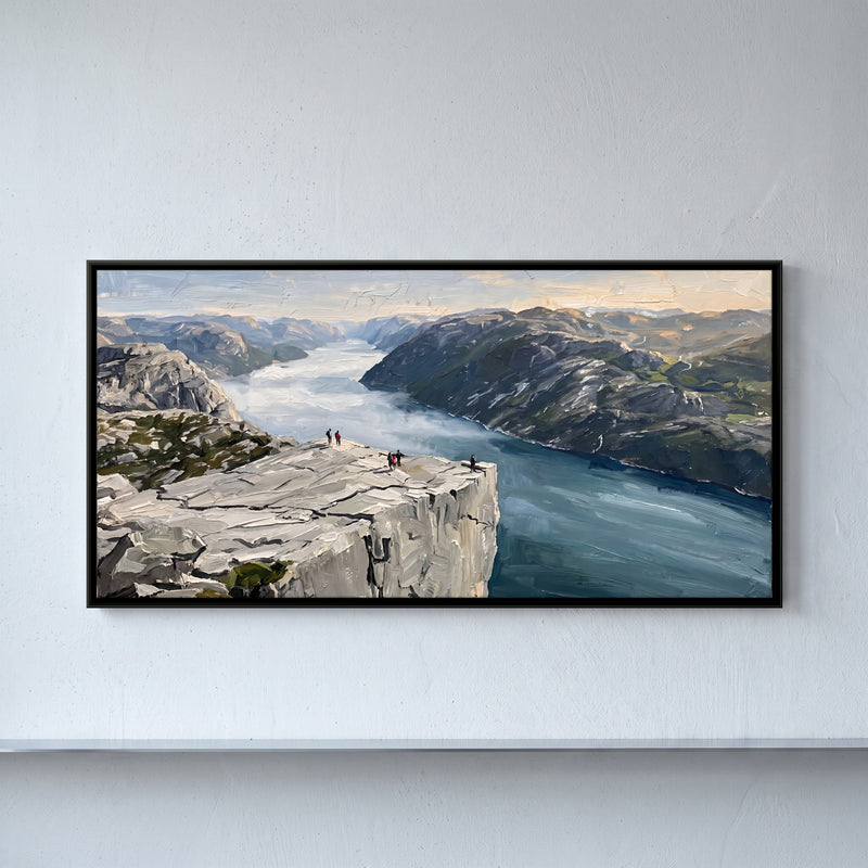Cliff Edge Above the Fjord - framed canvas art hung on a wall