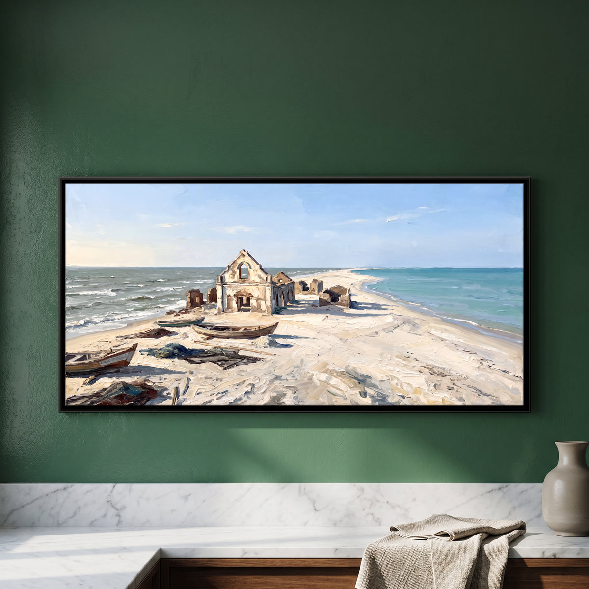 Ruined Church at Dhanushkodi - framed canvas art hung on a wall