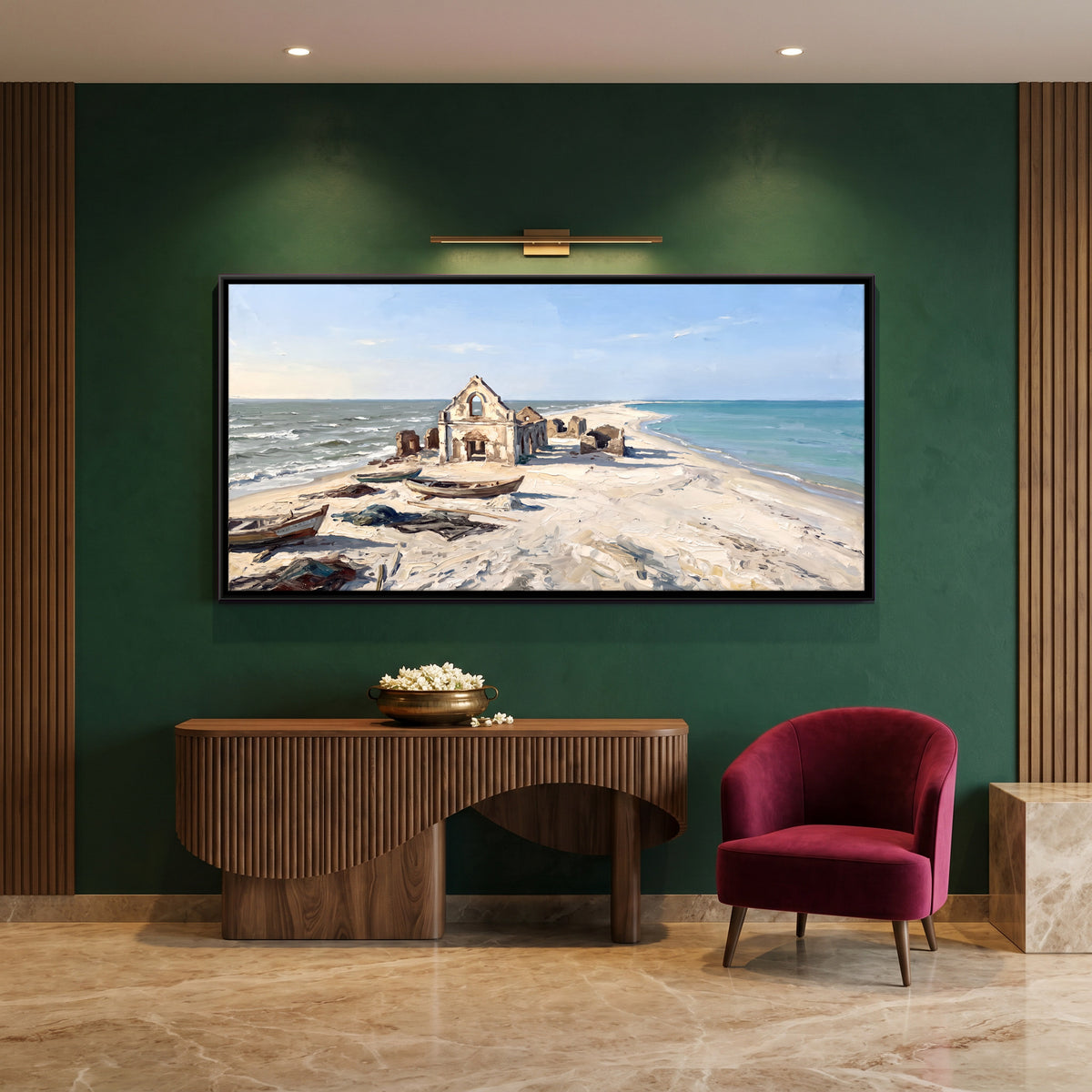 Ruined Church at Dhanushkodi - canvas art shown in a styled room