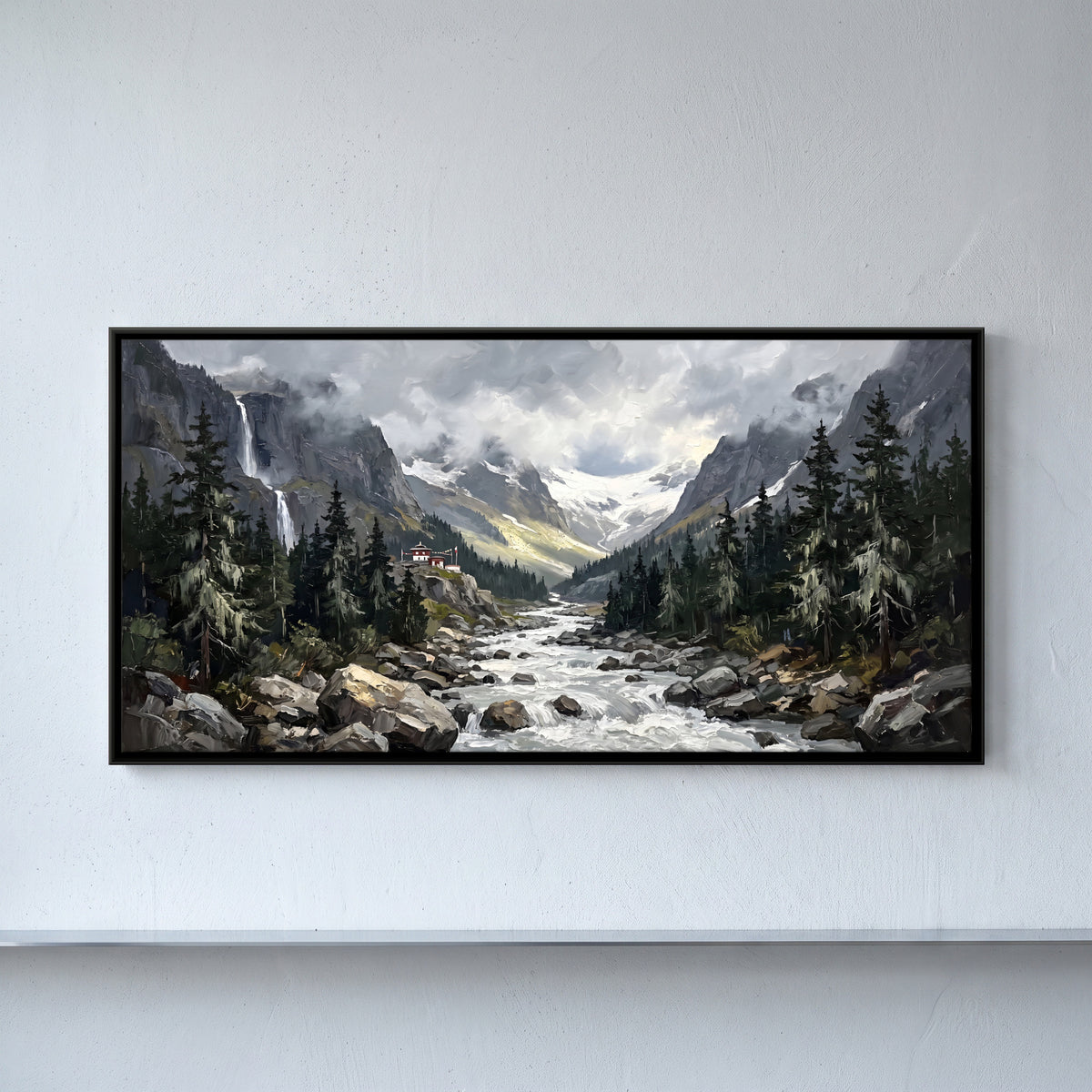 Waterfall Above a Rushing River - framed canvas art hung on a wall