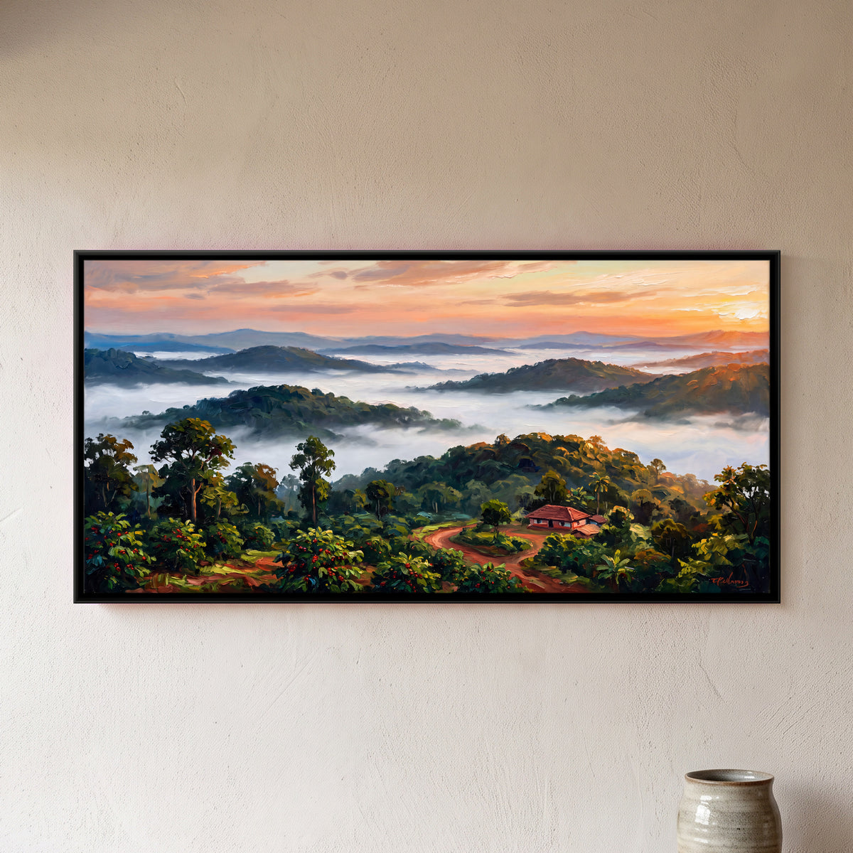 Sunrise Over Misty Hills - framed canvas art hung on a wall