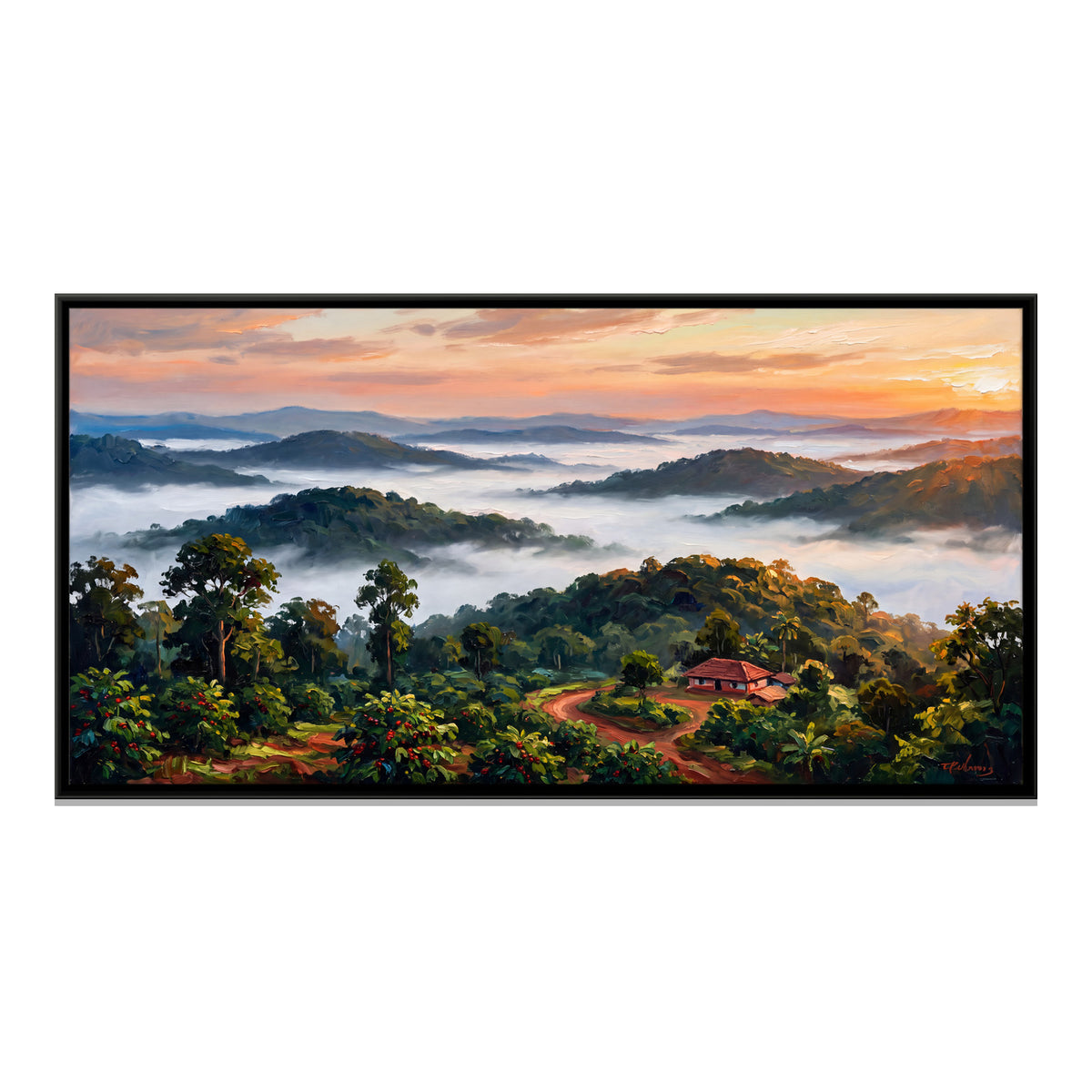 Sunrise Over Misty Hills - framed canvas print, front view
