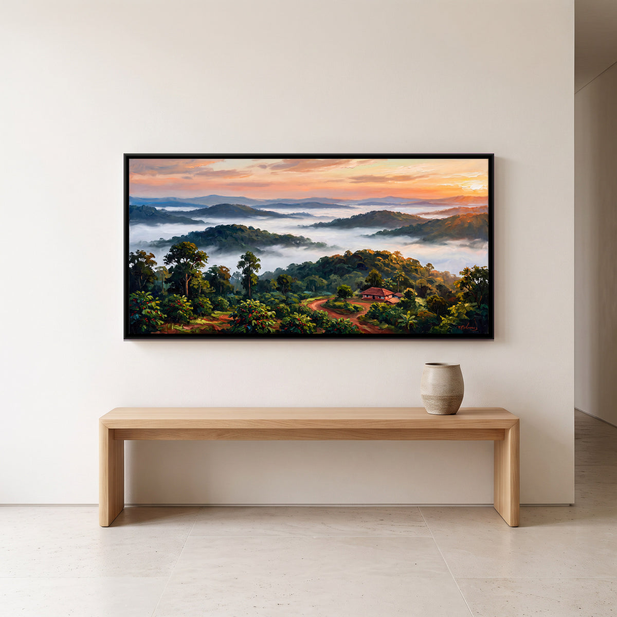 Sunrise Over Misty Hills - canvas art shown in a styled room