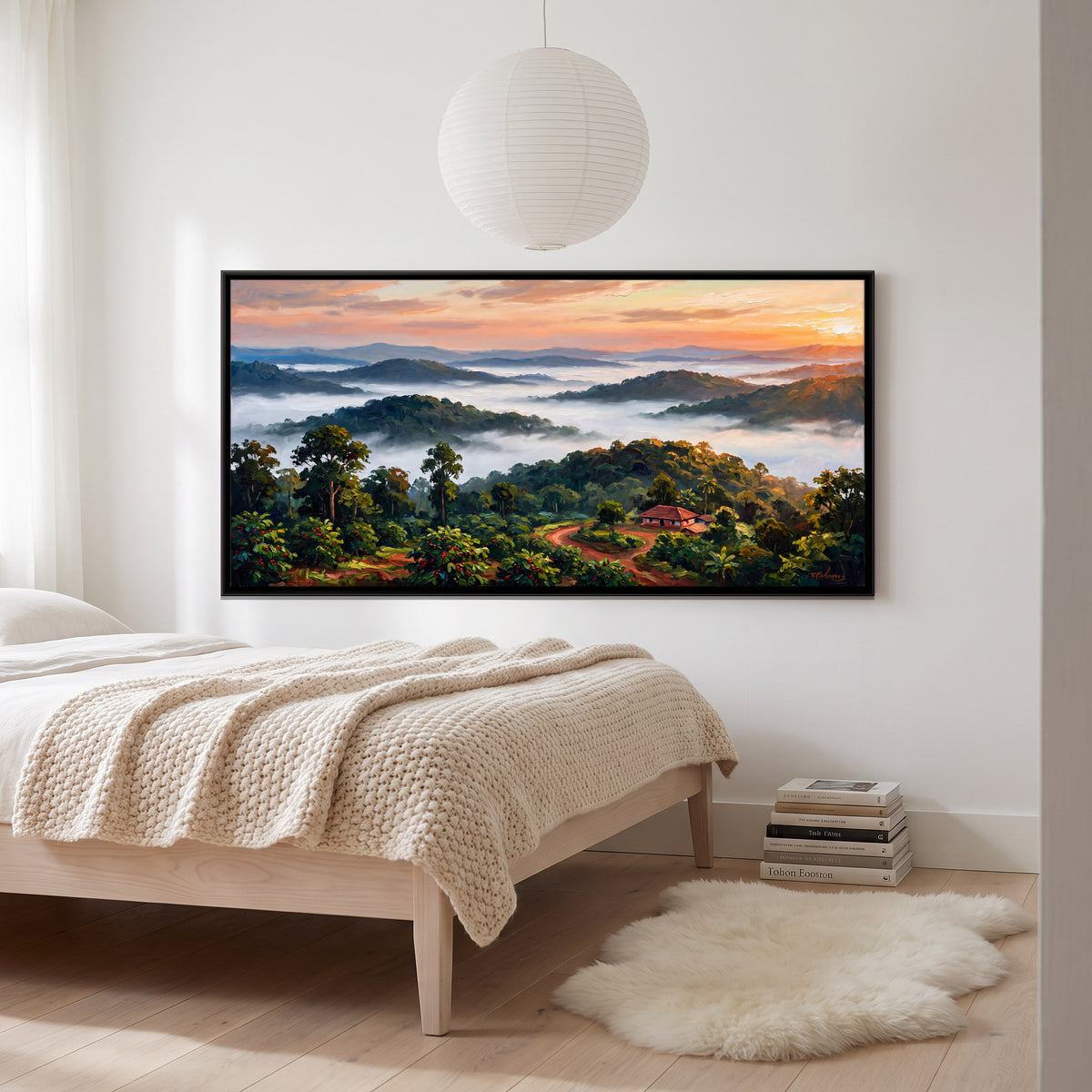 Sunrise Over Misty Hills - canvas art shown in a second room setting