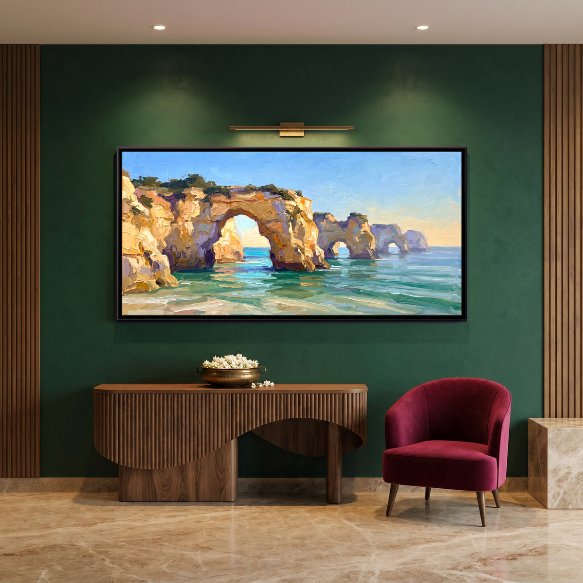 Golden Sea Arches - canvas art shown in a styled room