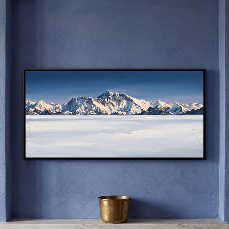 Himalayan Peaks Above the Clouds - framed canvas art hung on a wall