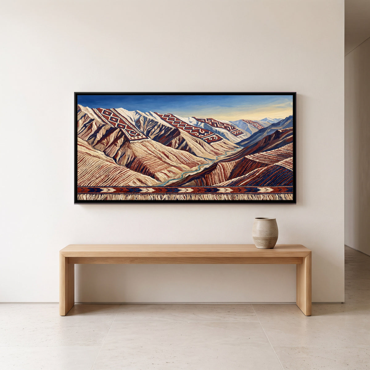 Woven Kilim Mountains - canvas art shown in a styled room