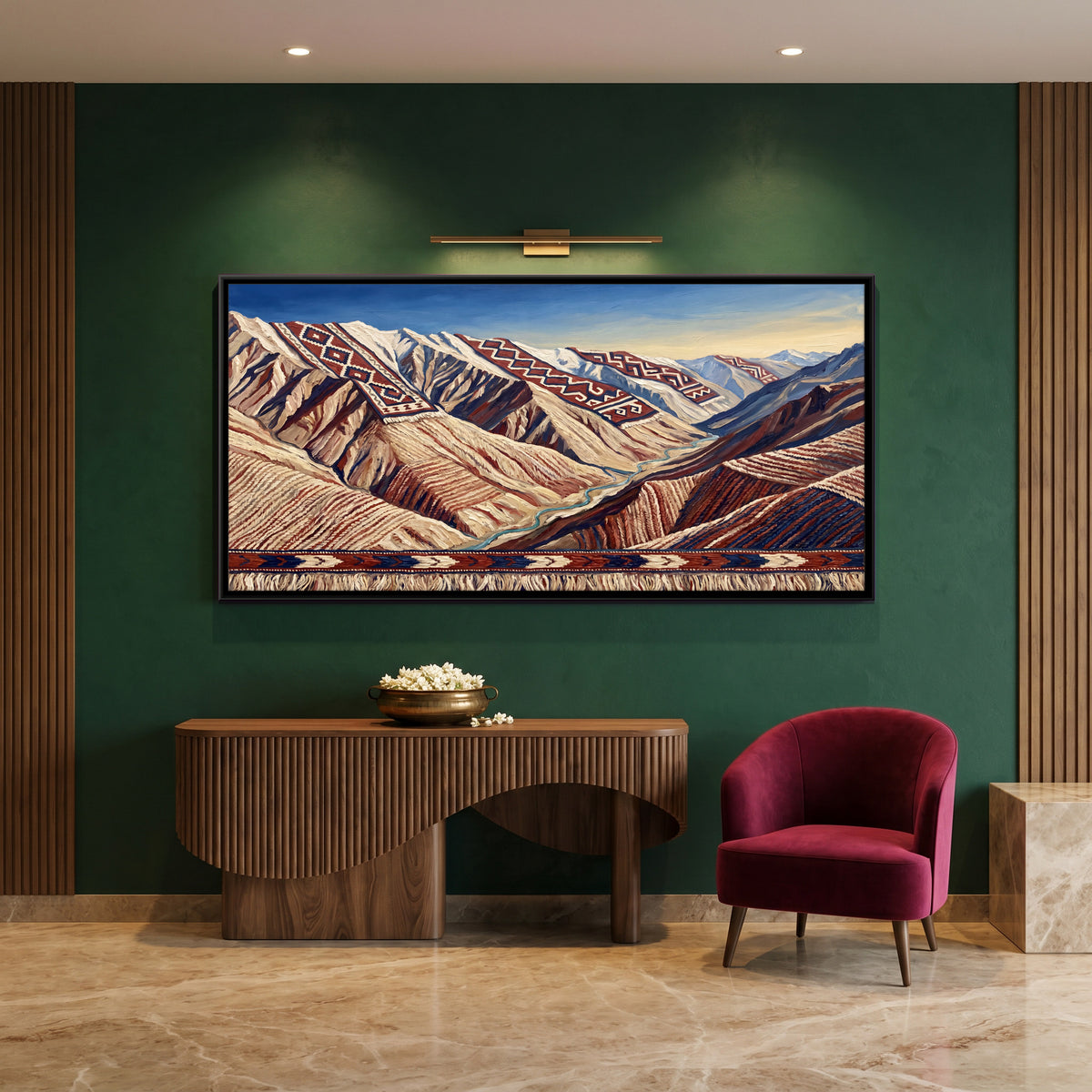 Woven Kilim Mountains - canvas art shown in a second room setting