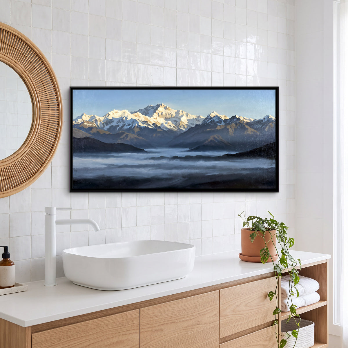 Kanchenjunga at First Light - canvas art shown in a styled room
