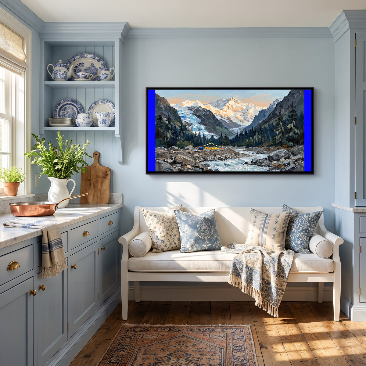 Trekking Camp Below a Glacier - canvas art shown in a second room setting