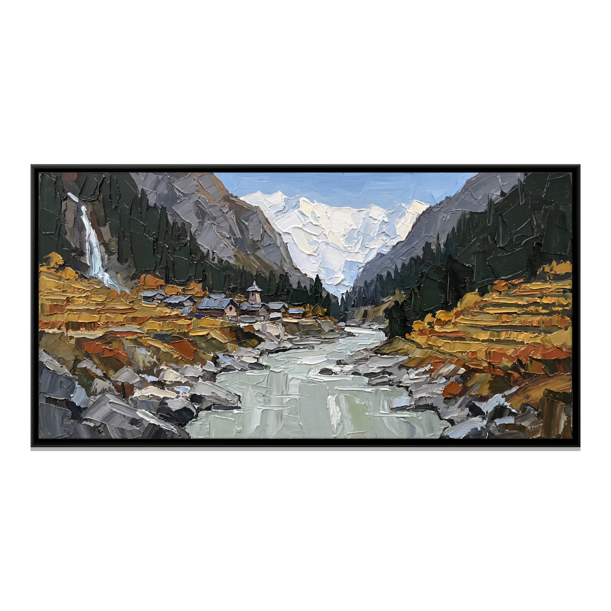 Village in a Himalayan Gorge - framed canvas print, front view
