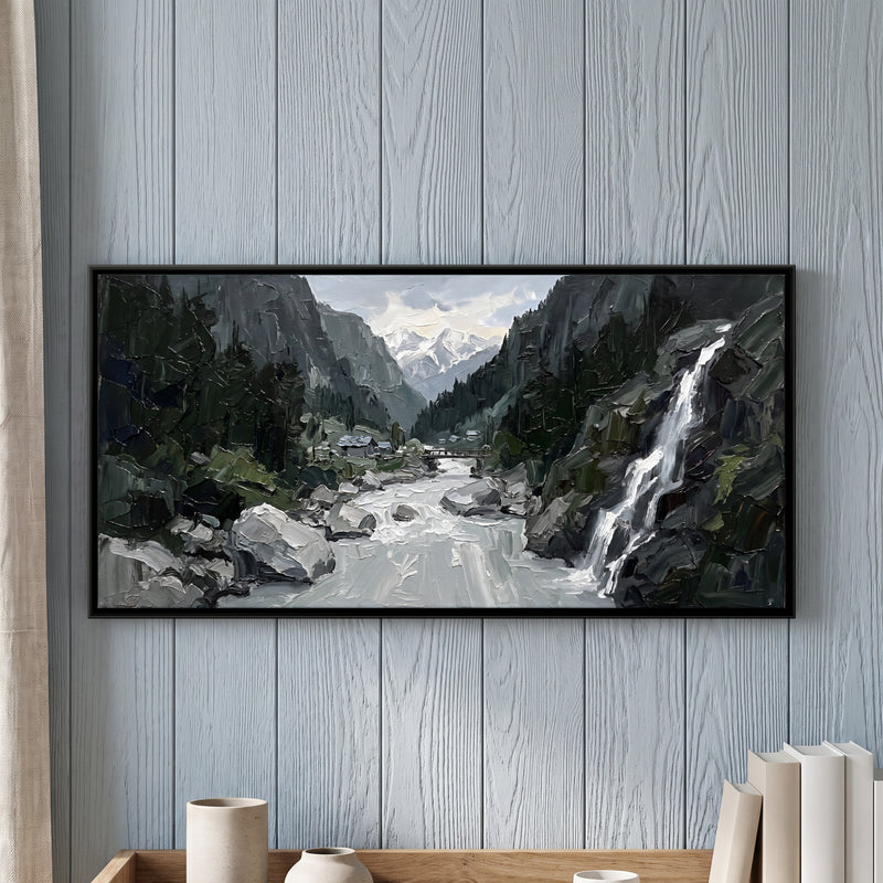 Waterfall in a River Gorge - framed canvas art hung on a wall