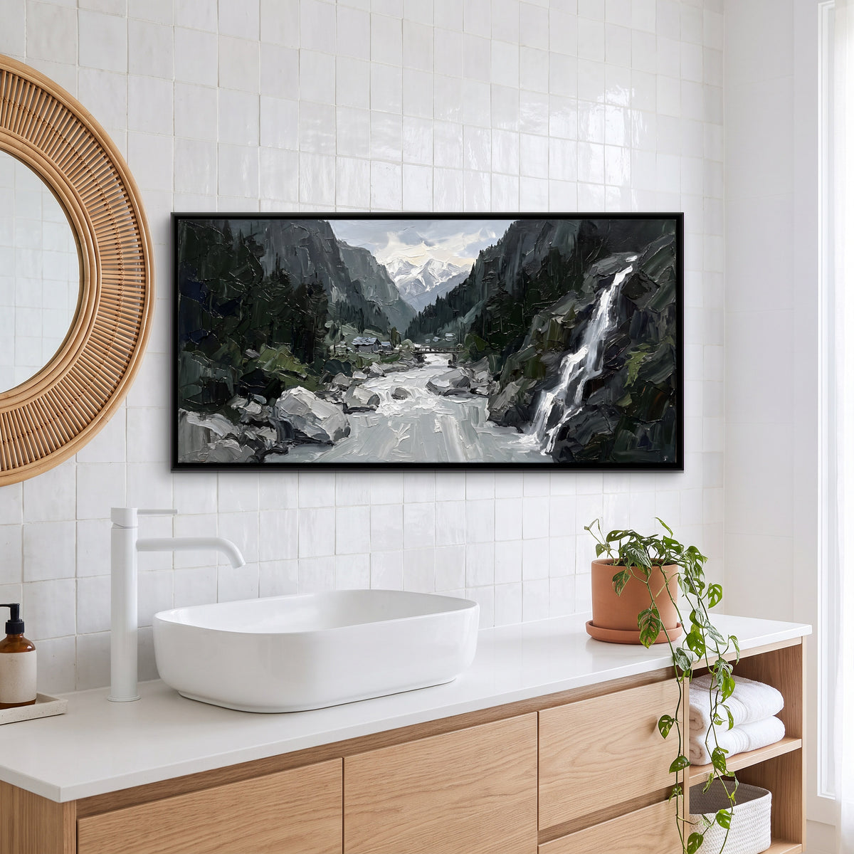 Waterfall in a River Gorge - canvas art shown in a styled room