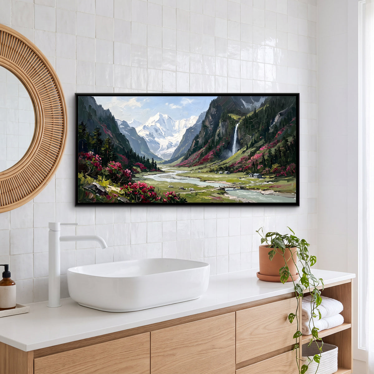 Rhododendron Valley Below Snow Peaks - canvas art shown in a styled room