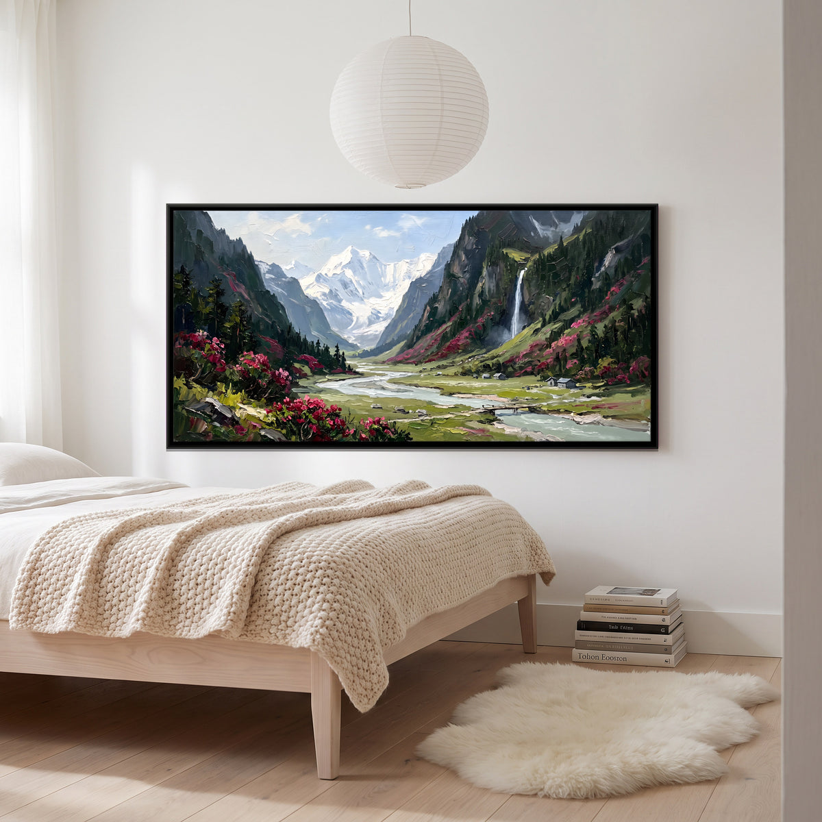 Rhododendron Valley Below Snow Peaks - canvas art shown in a second room setting