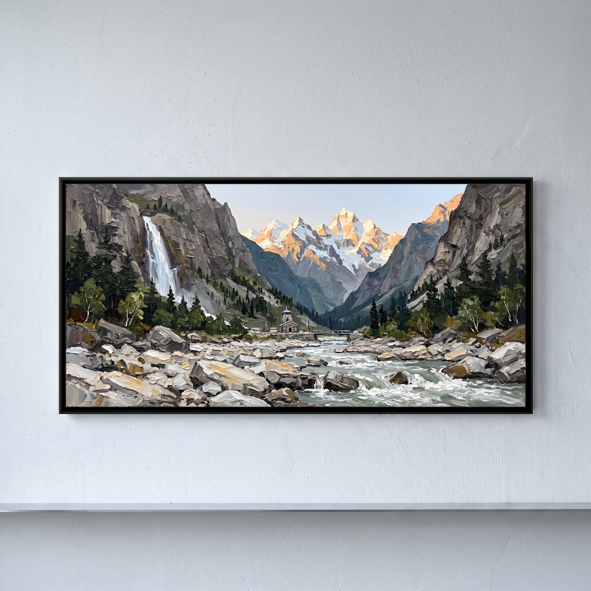 Riverside Shrine Below a Waterfall - framed canvas art hung on a wall