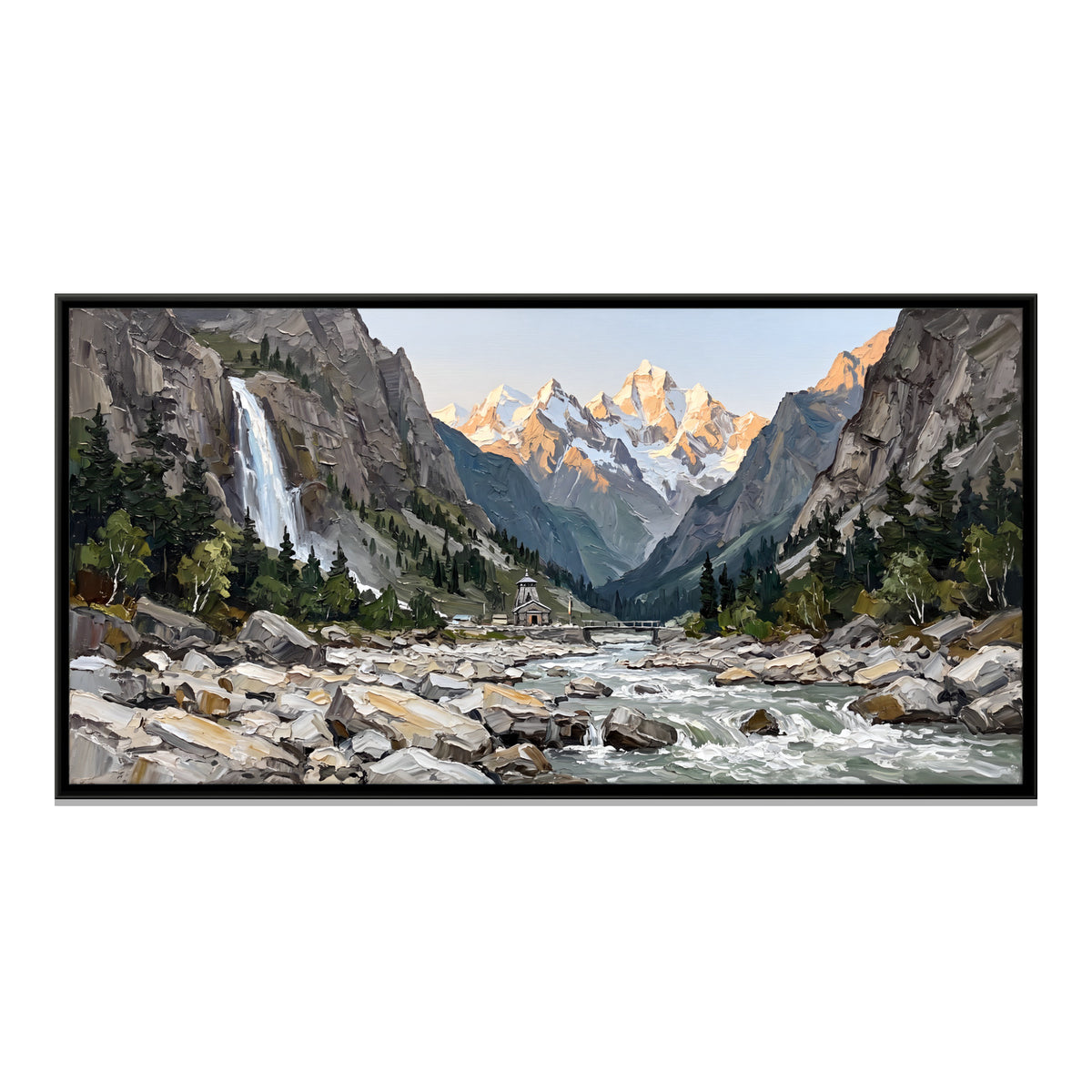 Riverside Shrine Below a Waterfall - framed canvas print, front view