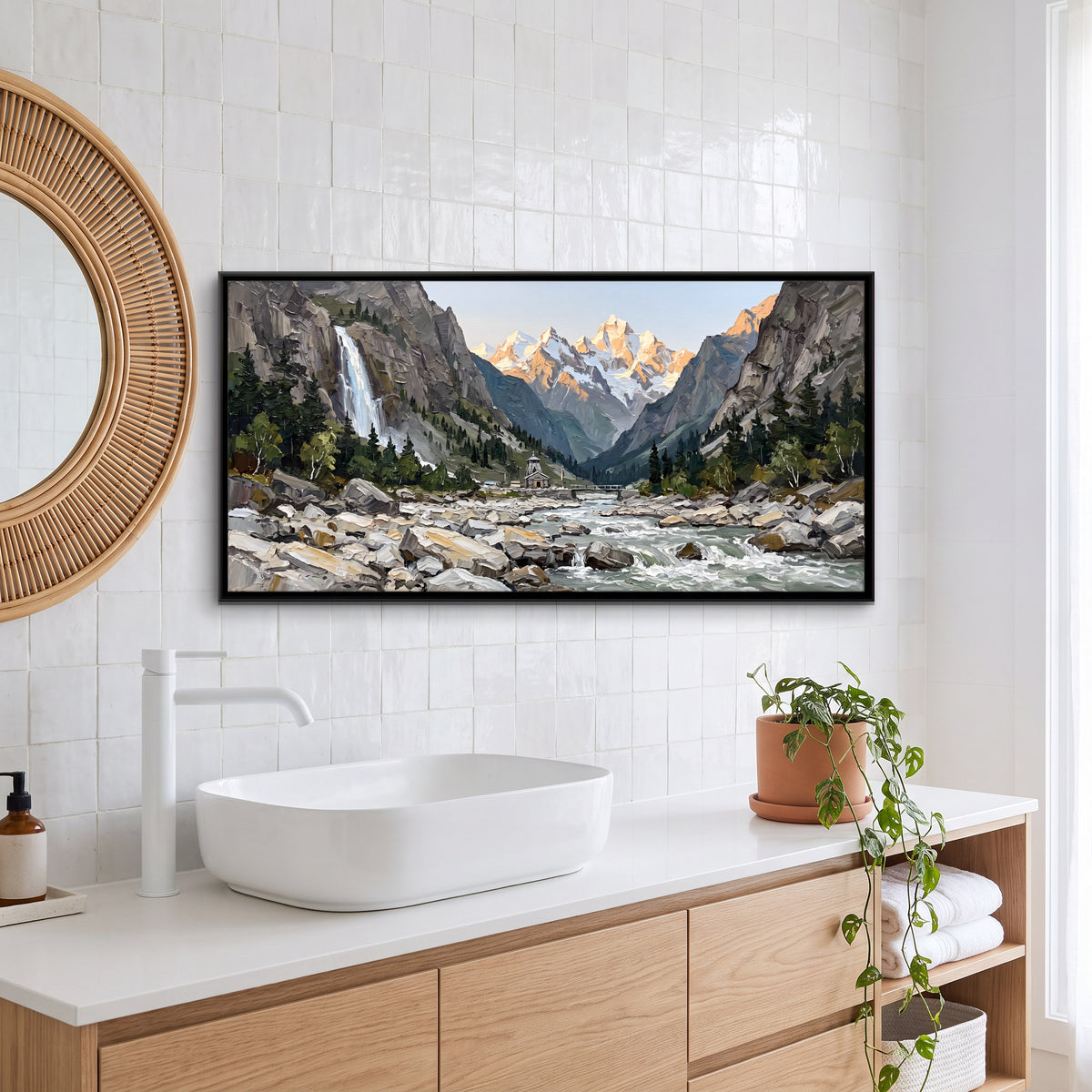 Riverside Shrine Below a Waterfall - canvas art shown in a styled room