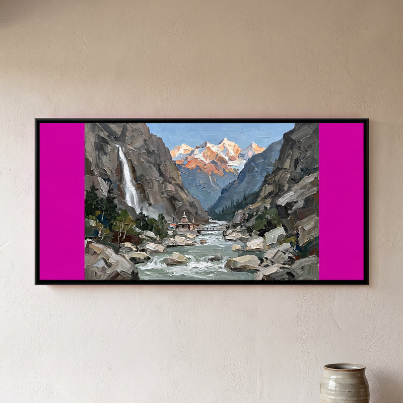 Riverside Shrine Below a Waterfall - framed canvas art hung on a wall