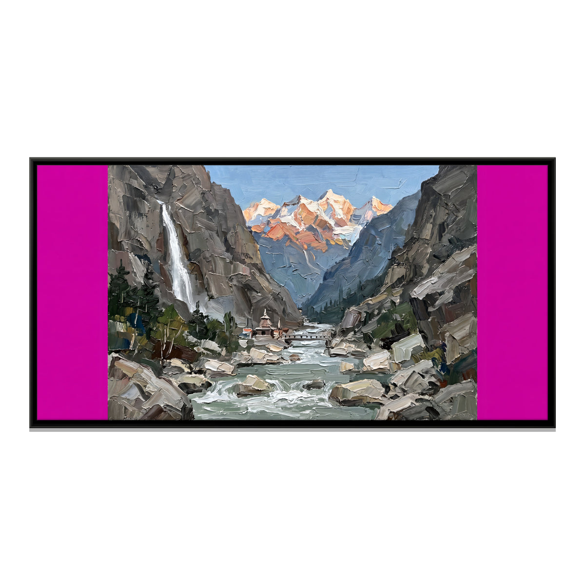 Riverside Shrine Below a Waterfall - framed canvas print, front view