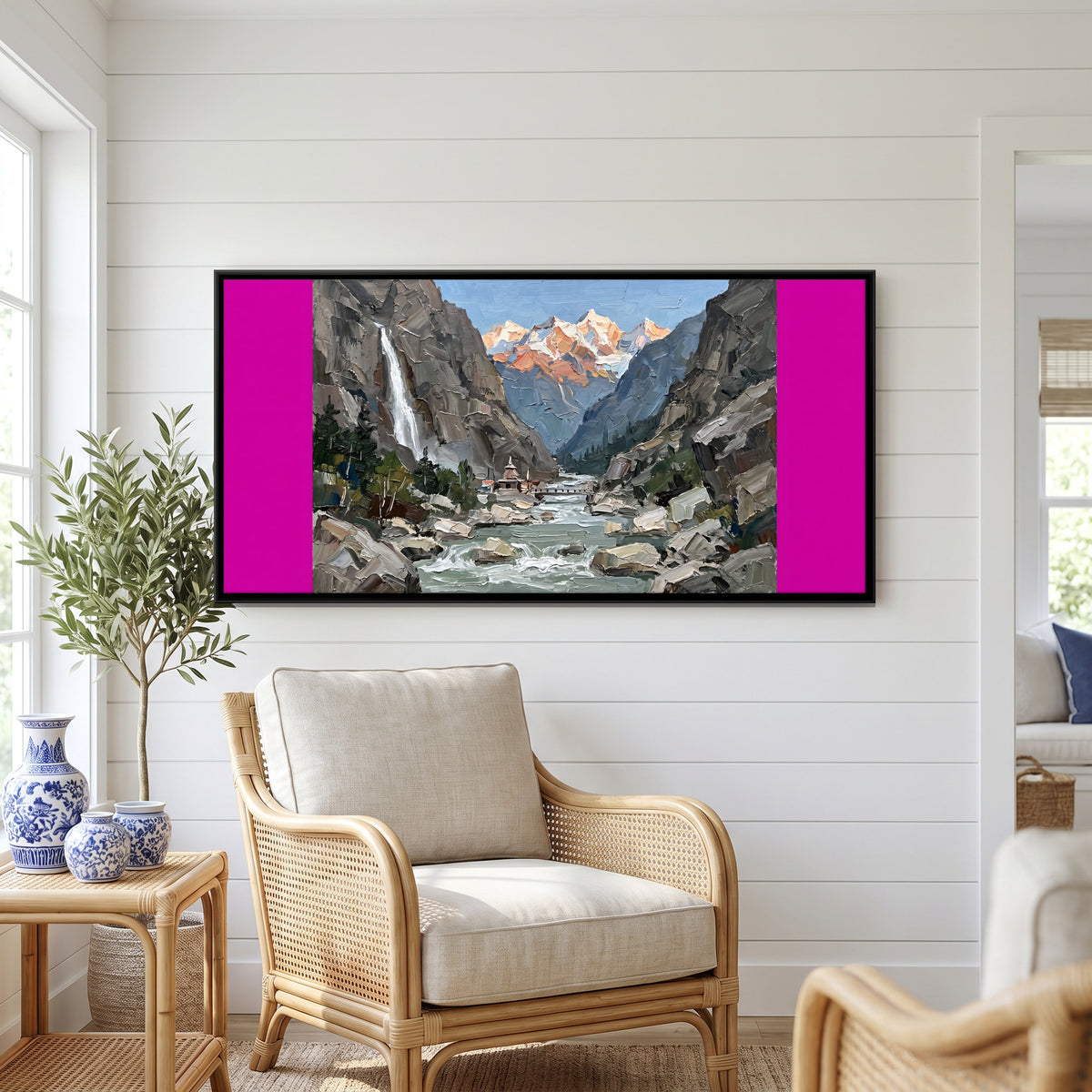 Riverside Shrine Below a Waterfall - canvas art shown in a styled room