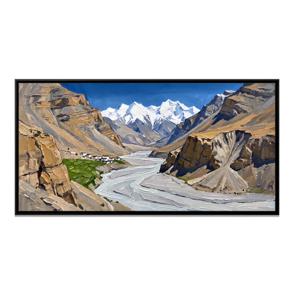 Spiti Village Above a Braided River - framed canvas print, front view