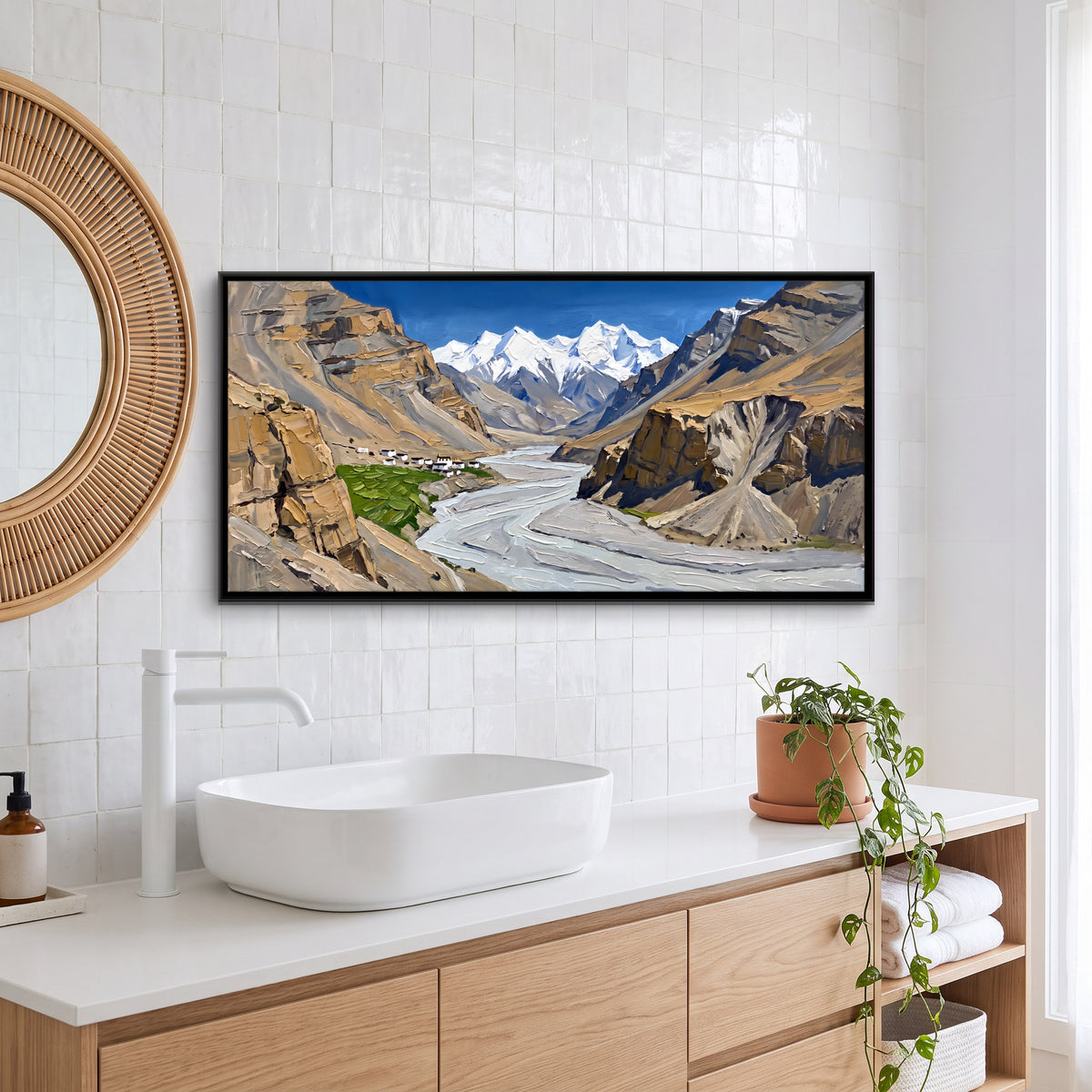 Spiti Village Above a Braided River - canvas art shown in a styled room