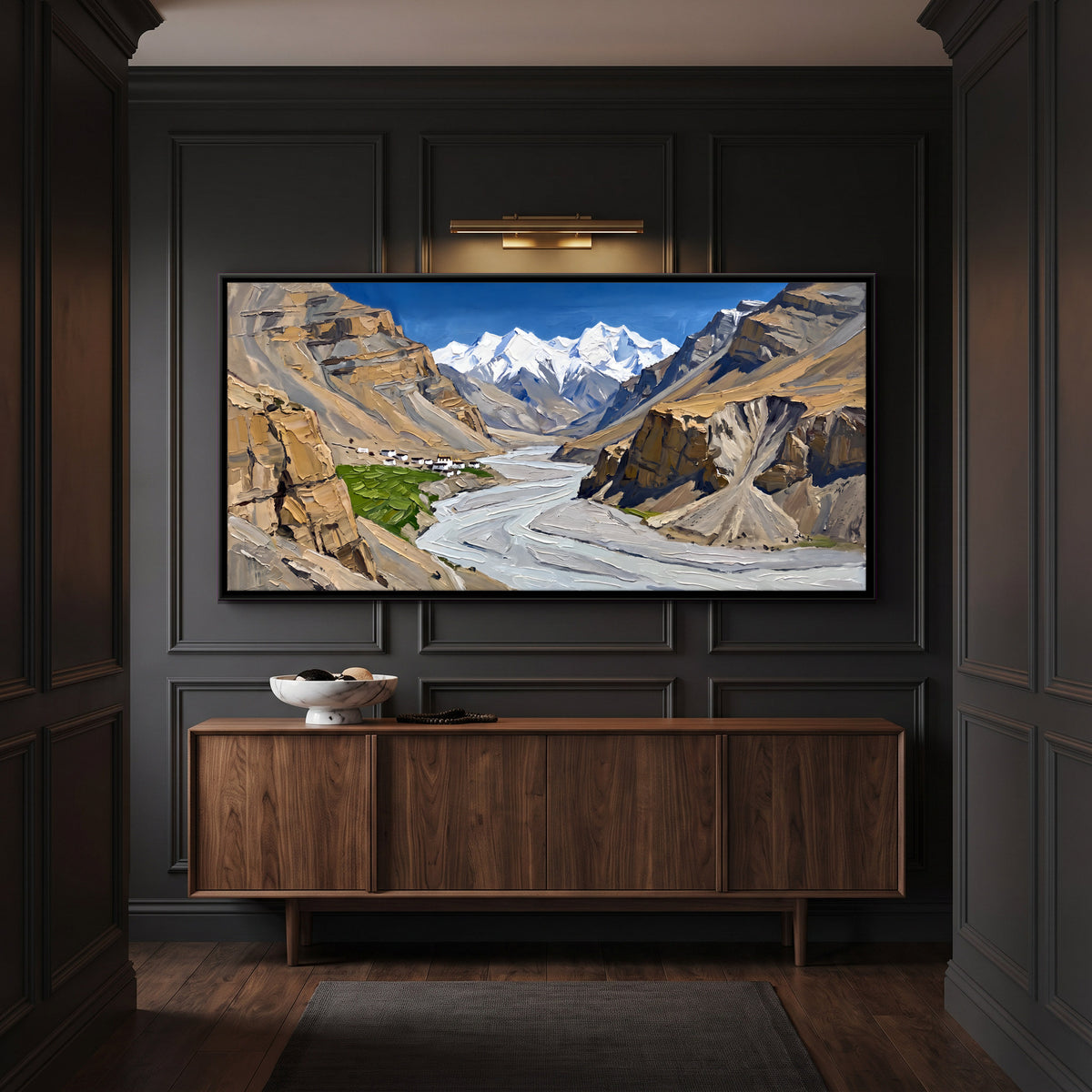 Spiti Village Above a Braided River - canvas art shown in a second room setting